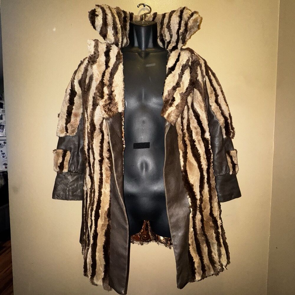 Vintage 70s Faux Fur Leather Coat Boho Jacket Paisley Lining M/L Pimp Halloween